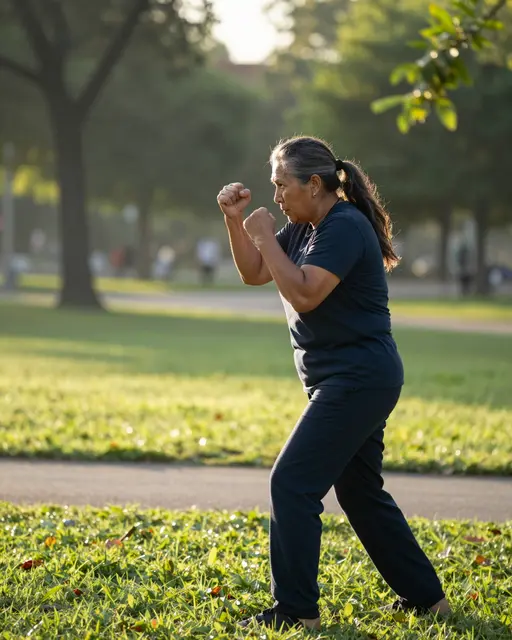 Side view of a middle-aged Indigenous woman shadowboxing in a sunlit park at dawn