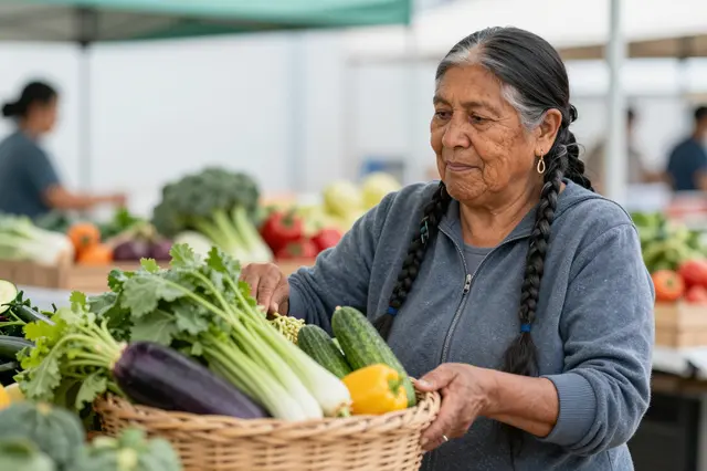 Indigenous senior woman holds a woven basket of fresh vegetables at an outdoor farmers market stall