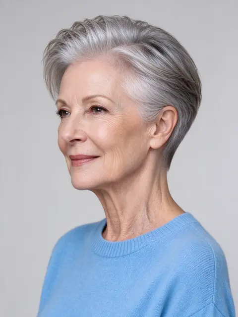 Profile view of a woman in her mid-sixties with a cropped gray haircut wearing a light blue sweater