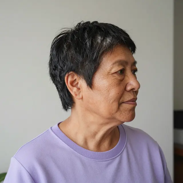 Profile view portrait of a senior Indigenous woman with a short feathered haircut wearing a lavender sweater