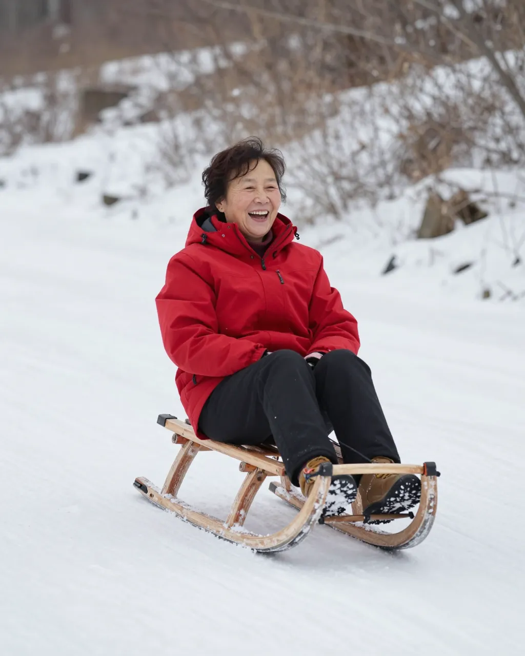 Laughing East Asian senior woman in a red parka rides a wooden sled across snow