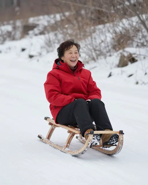 Laughing East Asian senior woman in a red parka rides a wooden sled across snow