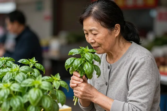 An older East Asian woman in a gray cardigan smells fresh basil at an outdoor market stall