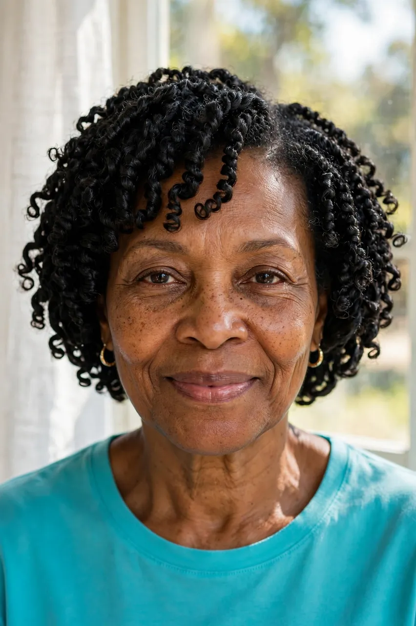 Warm close-up portrait of a Black woman in her fifties with curly spring twists, wearing a turquoise top near a sunny window.