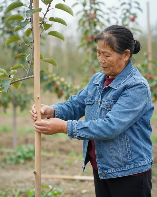 Older Southeast Asian woman in a denim jacket holds a wooden stake next to a young tree in an orchard
