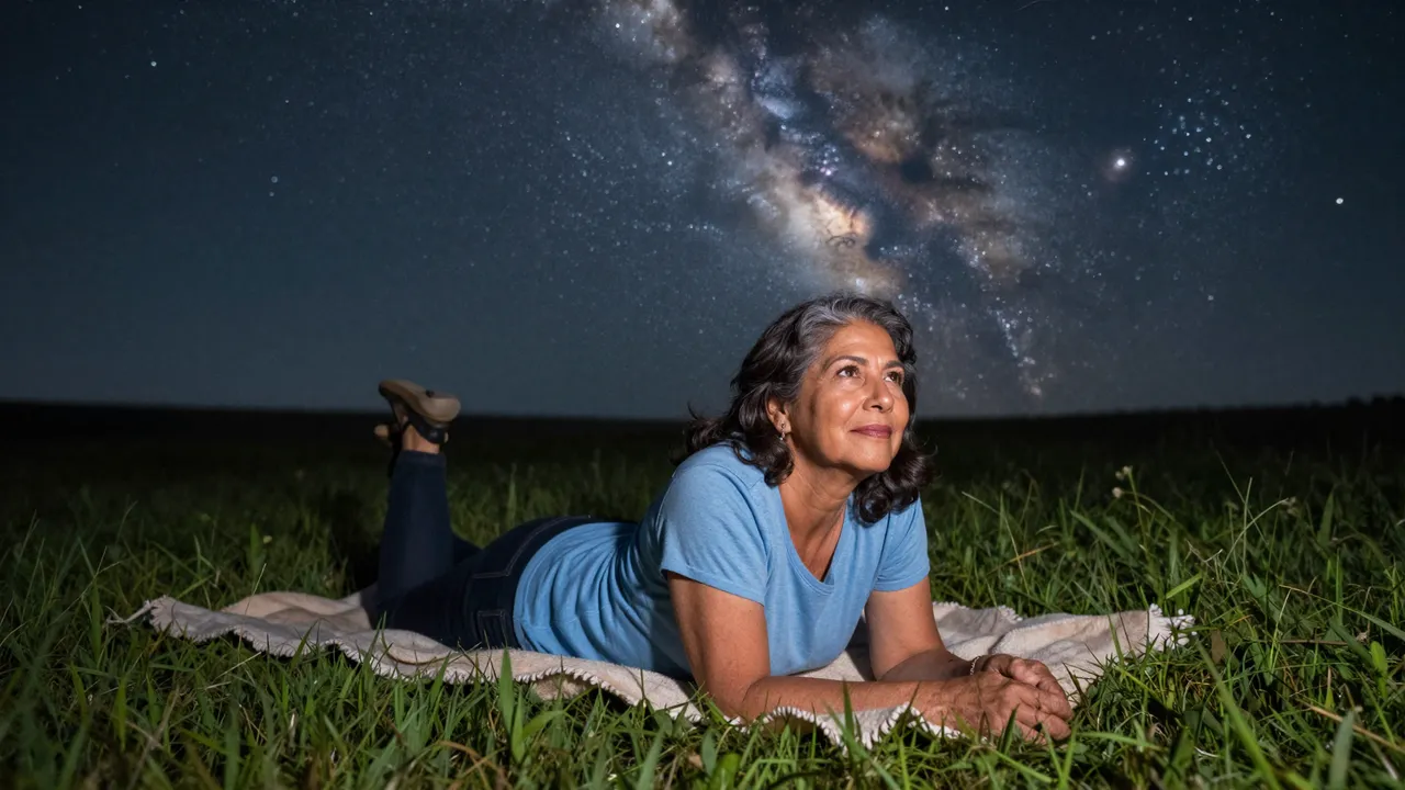 A Latina woman in her sixties lies on a blanket in a grassy meadow looking up at the Milky Way night sky.