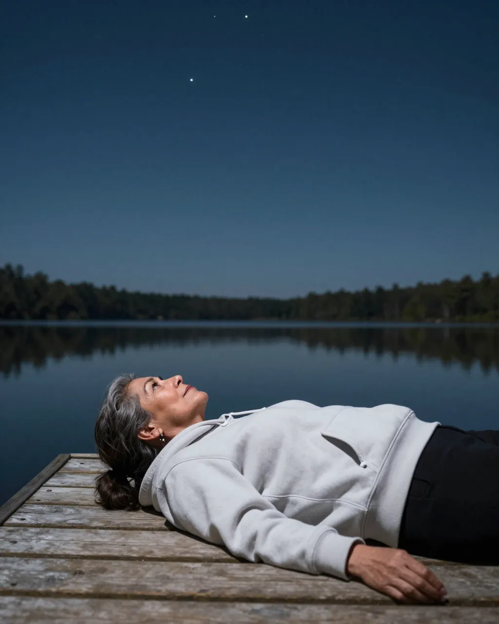 Older Latina woman in a light hoodie lies on a wooden dock looking up at a dark starry sky over a calm lake