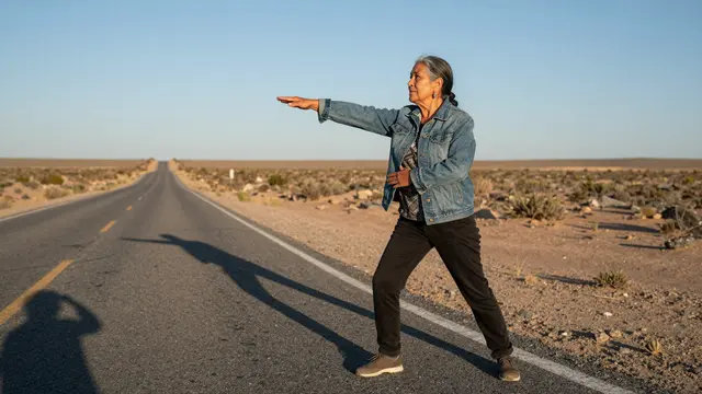 Indigenous senior woman in a denim jacket stretches beside an empty paved desert road at dawn with long shadows cast across