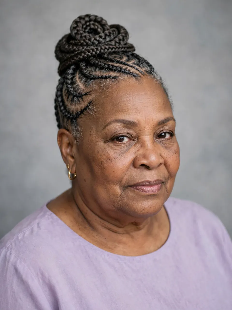 Portrait of a plus-size Black woman in her sixties with a cornrow top bun, lavender top, and soft grey backdrop