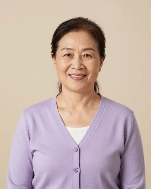 Studio portrait of a smiling senior Southeast Asian woman in a lavender cardigan against a beige backdrop