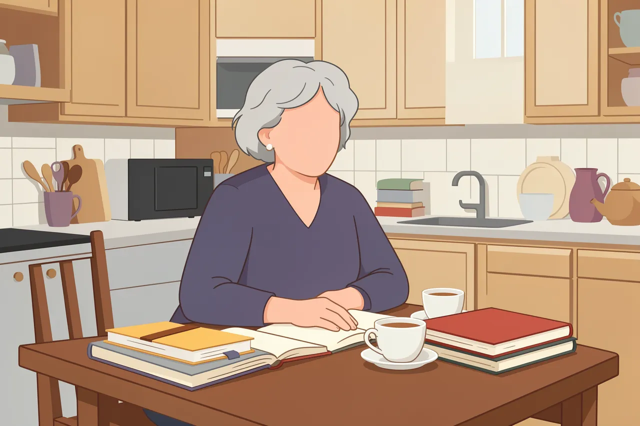 Faceless middle aged woman sits at a kitchen table with books and teacups studying