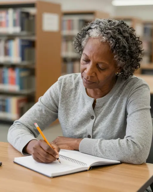 Older Black woman writes in an open notebook with a pencil while seated at a library table