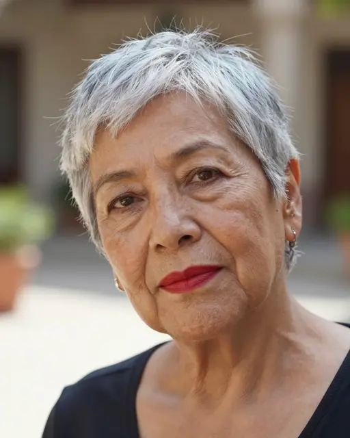 Close-up portrait of a senior Latina woman with silver pixie hair and red lipstick in a sunlit courtyard