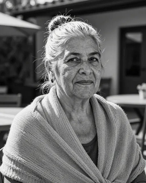 Black and white close-up portrait of an elderly woman in a knit shawl sitting on a sunlit patio