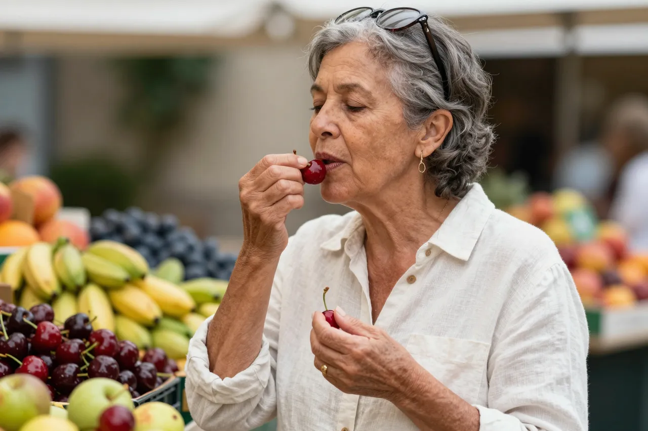 Older woman in a linen shirt tastes a cherry while standing at an outdoor summer fruit stall.