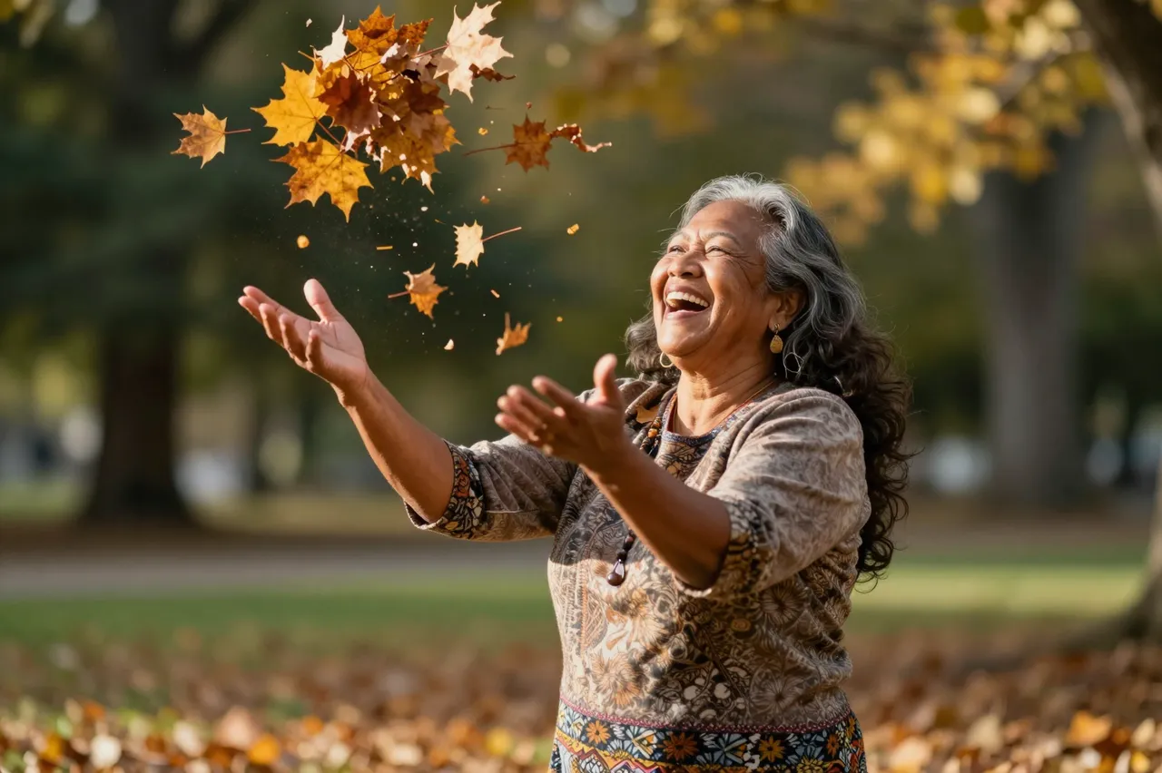 Laughing older Pacific Islander woman throws golden autumn leaves into sunlit park air