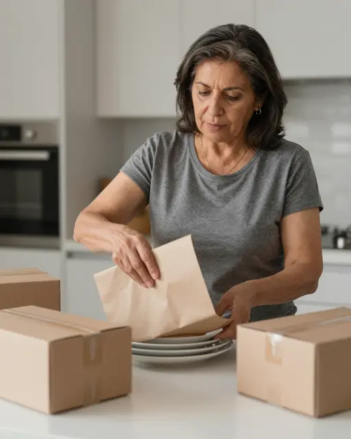 A woman in her sixties unwraps stacked plates from packing paper on a white kitchen counter with moving boxes.