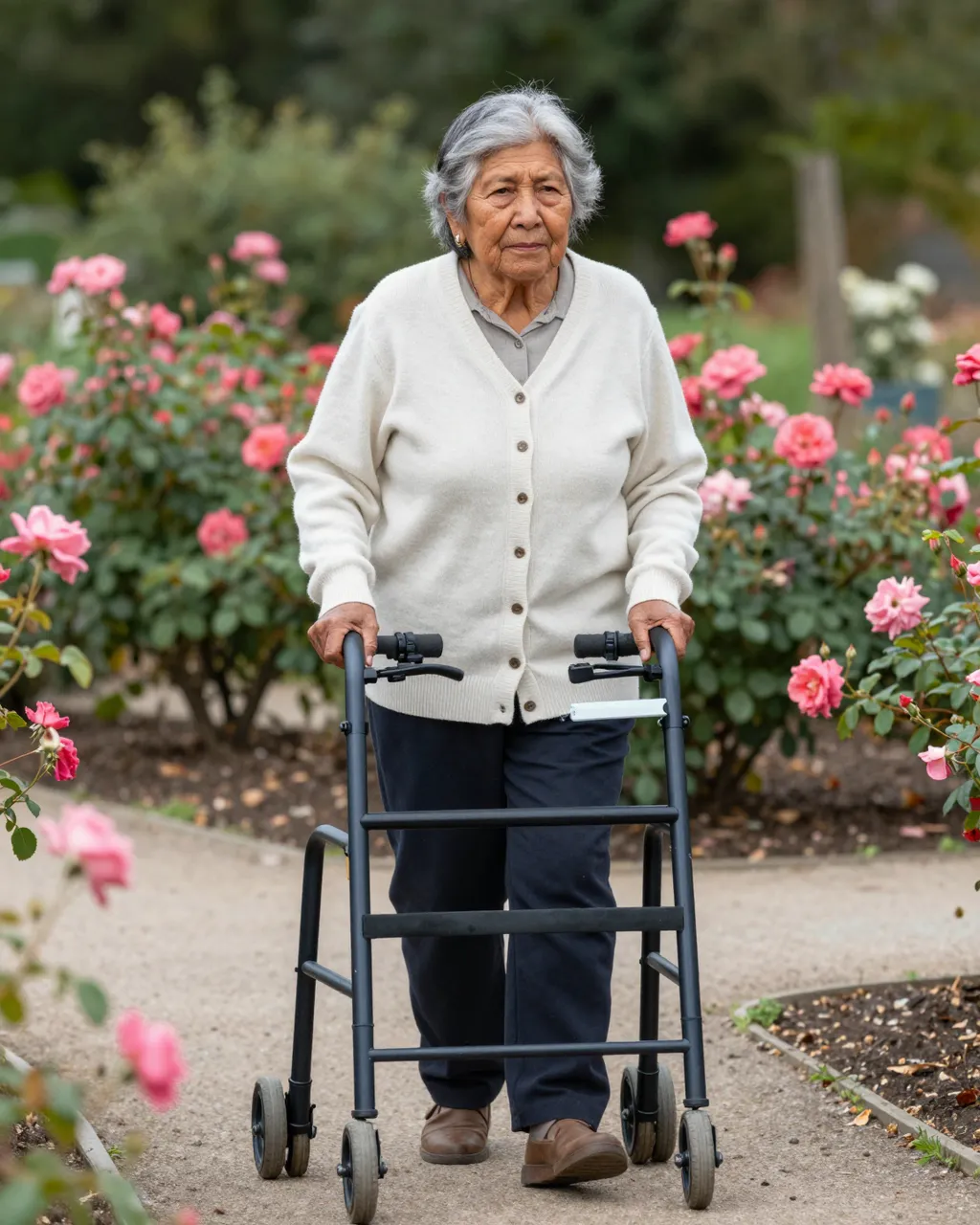 An older Indigenous woman uses a wheeled rollator walker while walking along a gravel garden path lined with pink rose