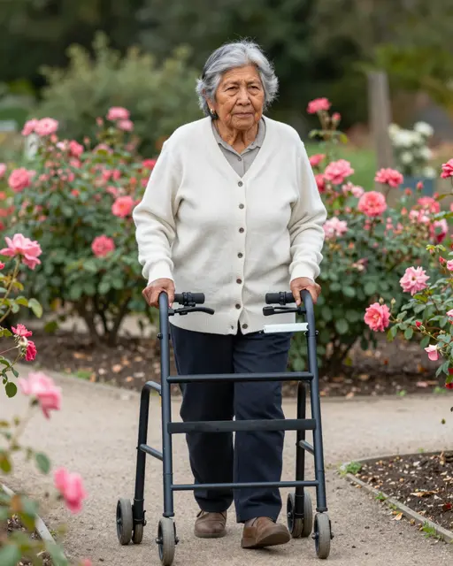 An older Indigenous woman uses a wheeled rollator walker while walking along a gravel garden path lined with pink rose