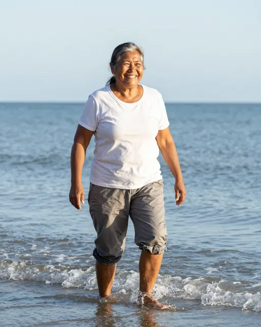 Smiling older woman stands ankle-deep in calm sea water on a bright clear morning