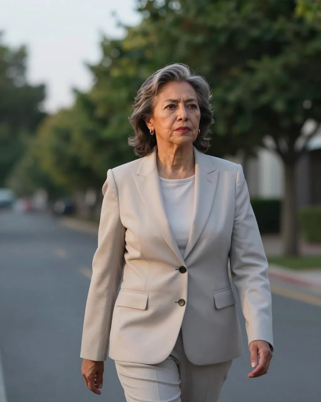 A mixed-race woman in her sixties in a beige blazer walks along a tree-lined residential street at dusk