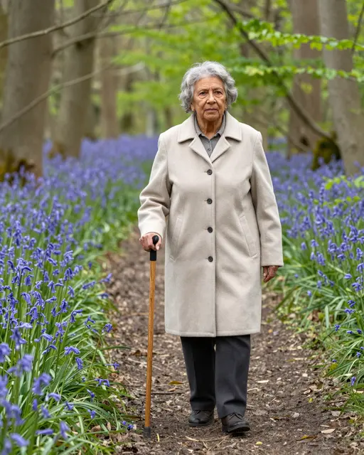 Mixed race senior woman with a walking stick stands on a spring forest trail lined with bluebells