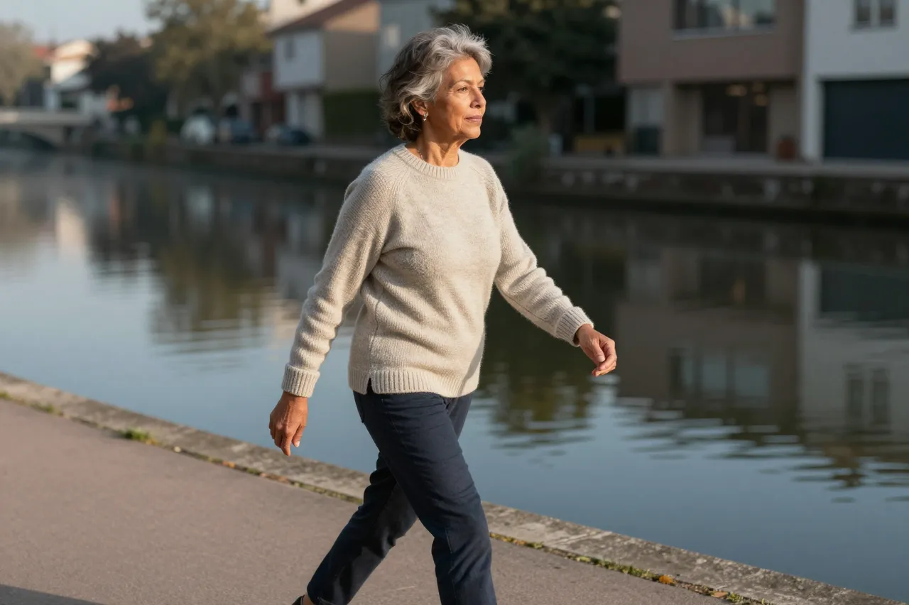 Mixed-race woman in her sixties walks briskly along a canal towpath in warm dawn light