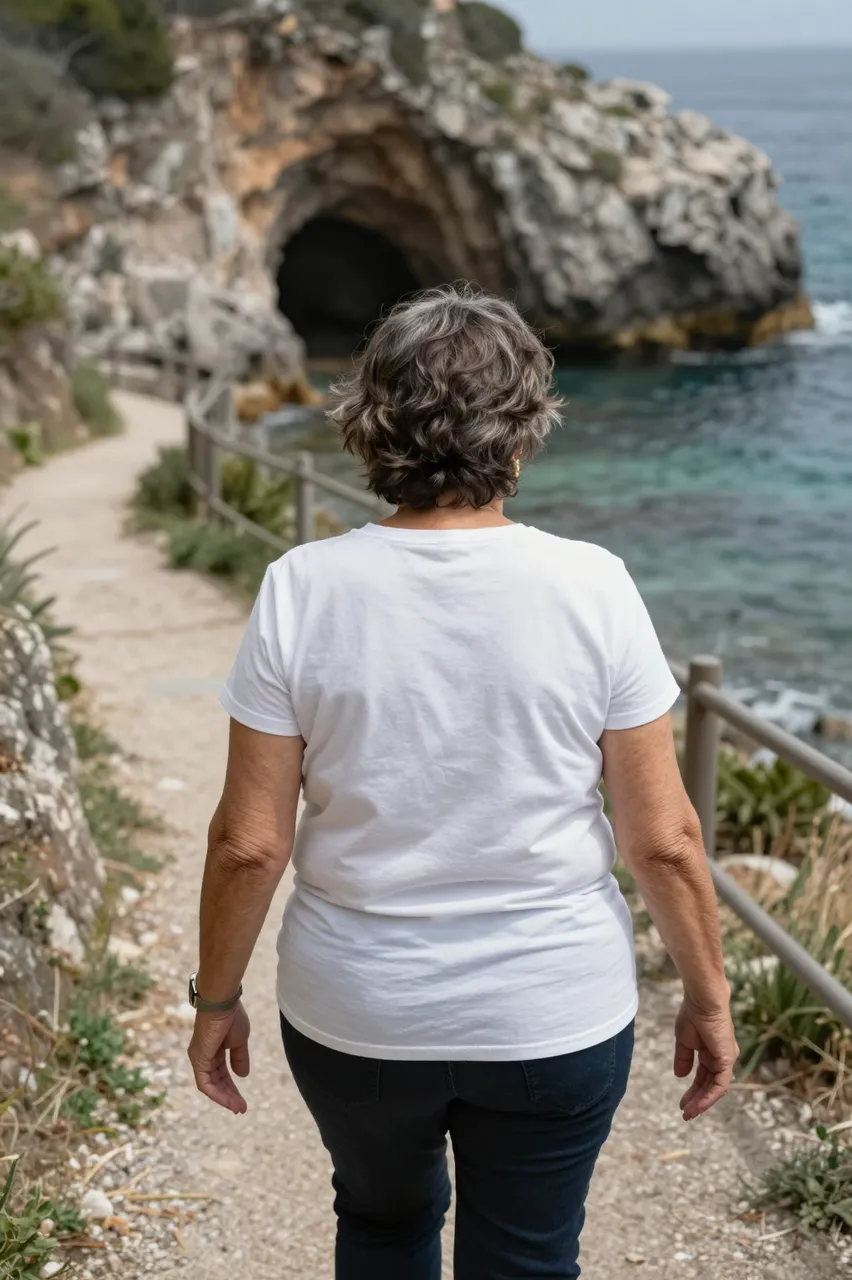 Back view of a senior woman walking a rocky coastal path toward a sea cave and cove