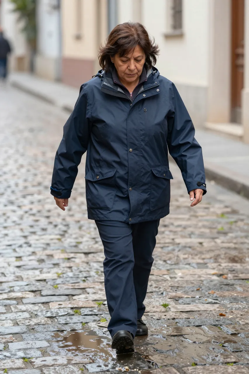 Older woman in a navy rain jacket walks across a wet cobblestone lane after rain.
