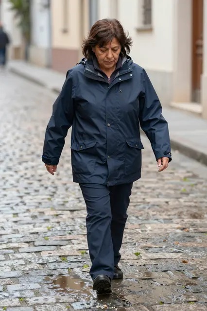 Older woman in a navy rain jacket walks across a wet cobblestone lane after rain.