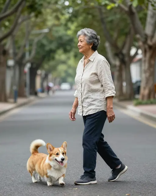 An elderly woman in a linen shirt walks alongside a corgi on a quiet tree-lined street.