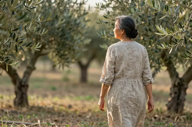 An elderly Southeast Asian woman in a linen dress walks through an olive grove at golden hour, viewed from behind as she