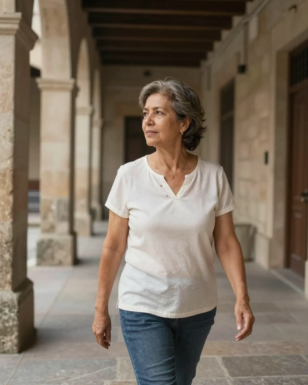 Mixed-race woman in her sixties walks through a shaded historic stone arcade, looking to the side