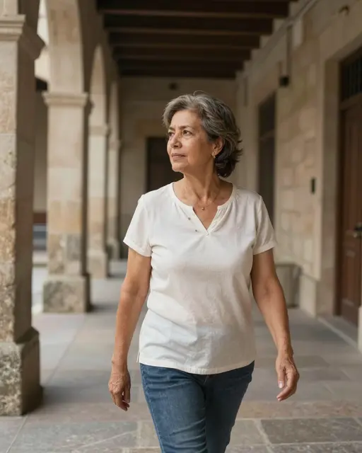 Mixed-race woman in her sixties walks through a shaded historic stone arcade, looking to the side