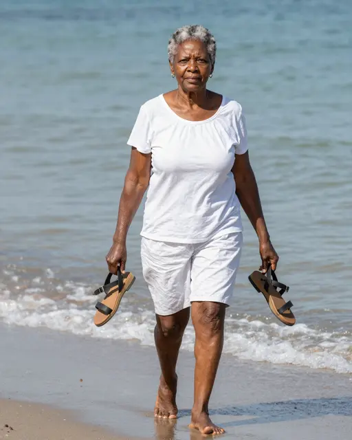 Older Black woman walks barefoot along the beach shore holding her sandals in both hands