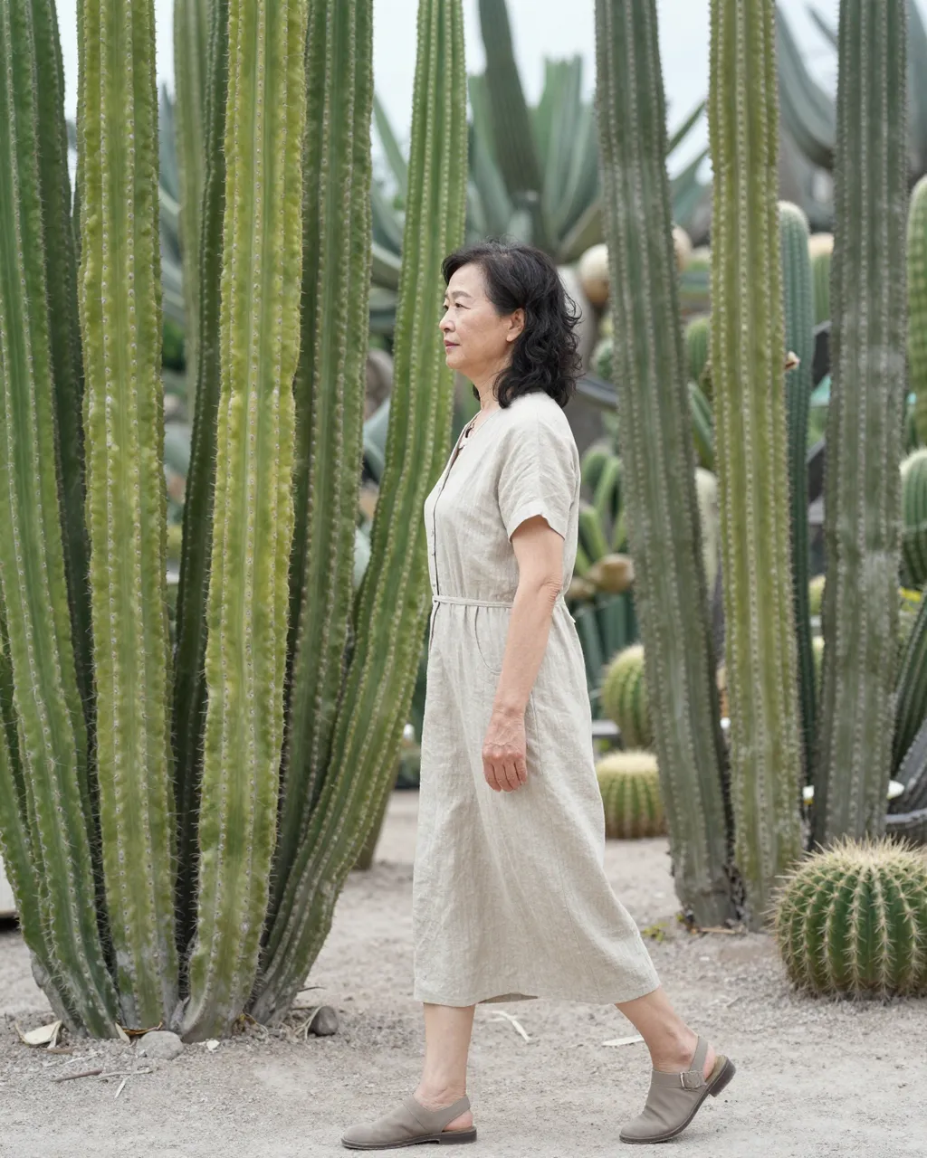 Side view of an East Asian senior woman in a linen dress walking between tall columnar cacti in a desert garden