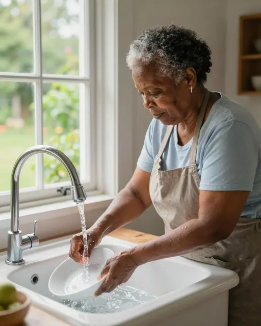 Older Black woman washes a plate by hand at a bright farmhouse kitchen sink with a garden view through the window