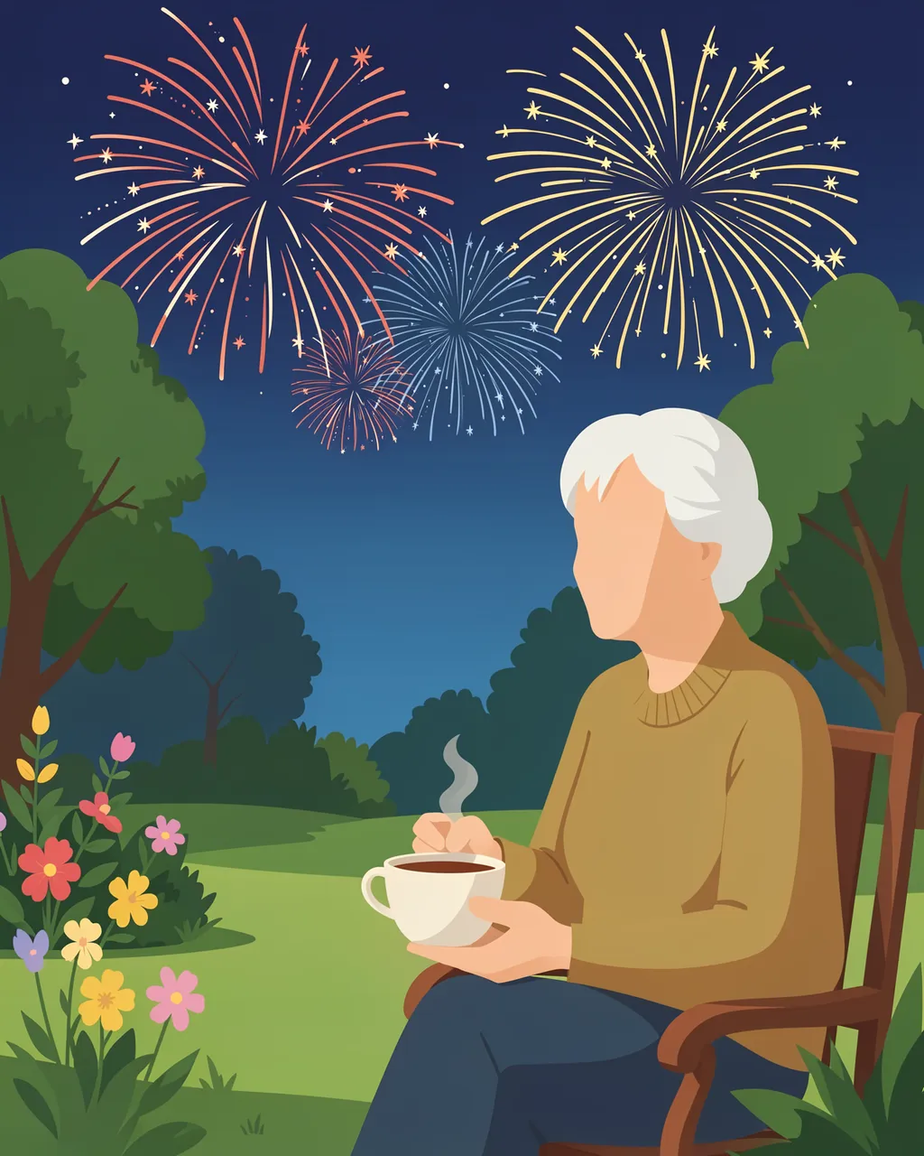 Faceless senior woman sits in a garden at night holding a hot drink while watching colorful New Year fireworks