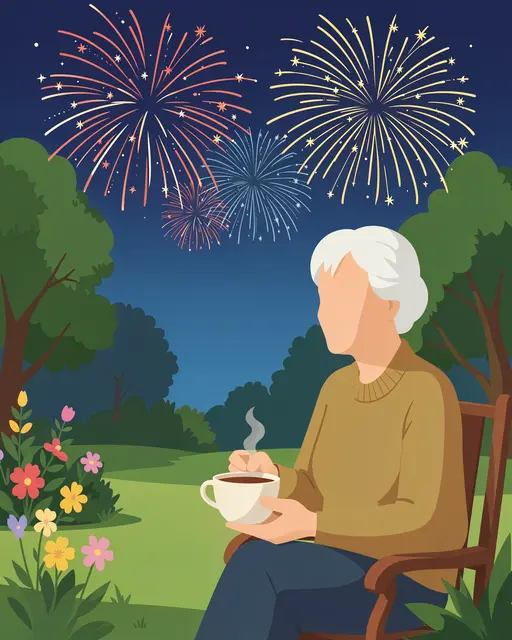 Faceless senior woman sits in a garden at night holding a hot drink while watching colorful New Year fireworks