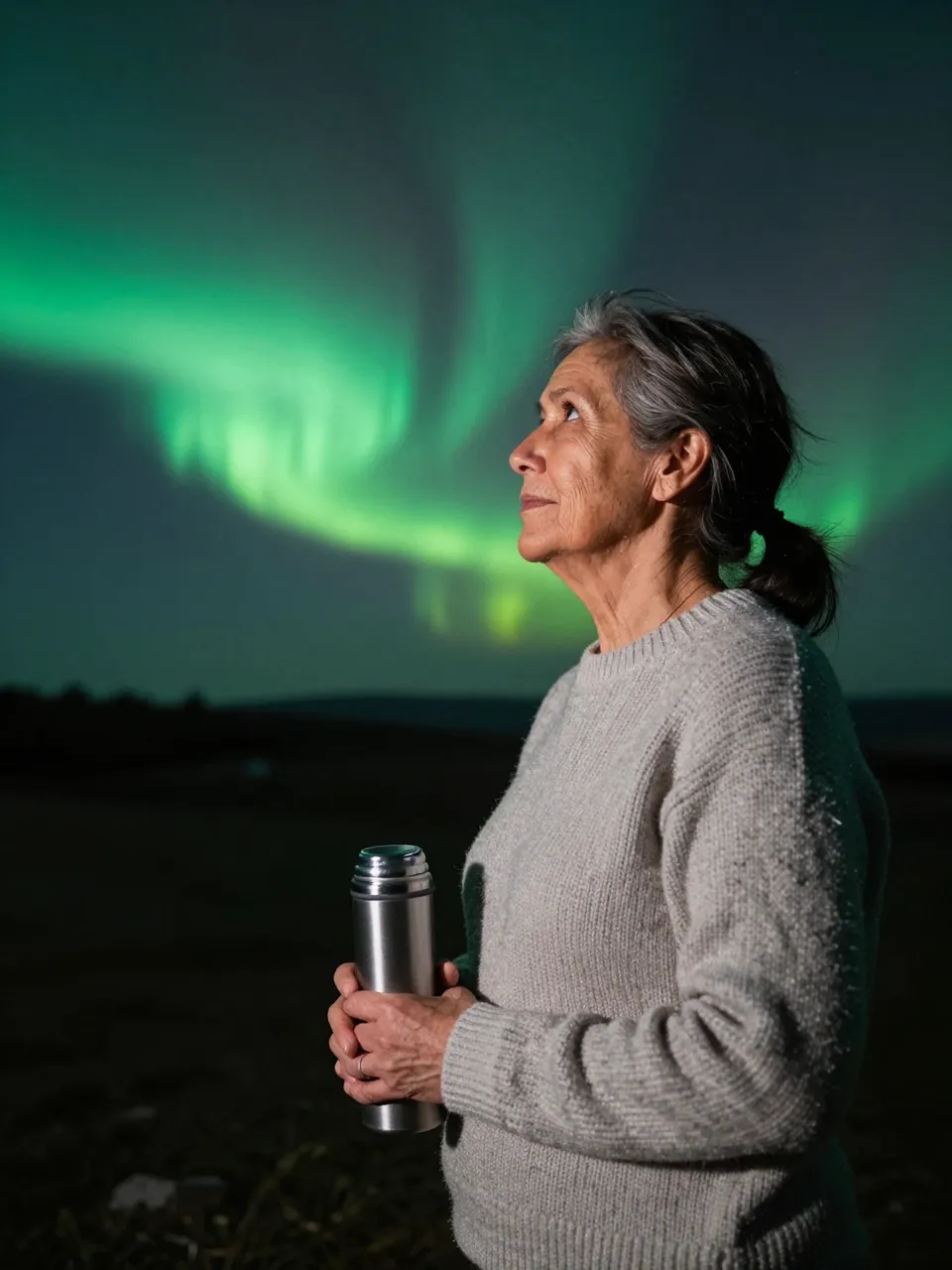 An older woman in a wool sweater holds a metal thermos while looking up at glowing green northern lights above a dark