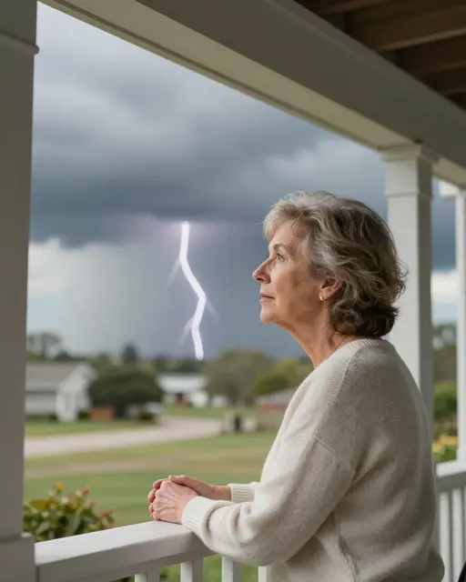 Older woman in a cream wool sweater leans on a porch railing watching a lightning strike during an approaching thunderstorm