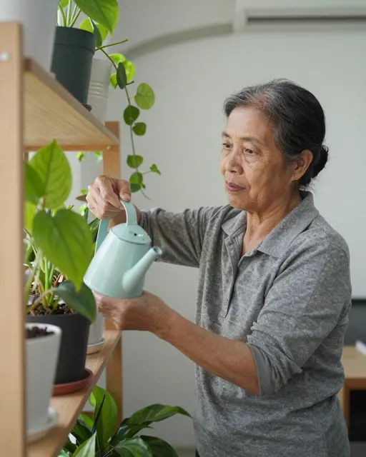 Elderly Southeast Asian woman waters potted shelf plants with a small light blue watering can in soft morning light.