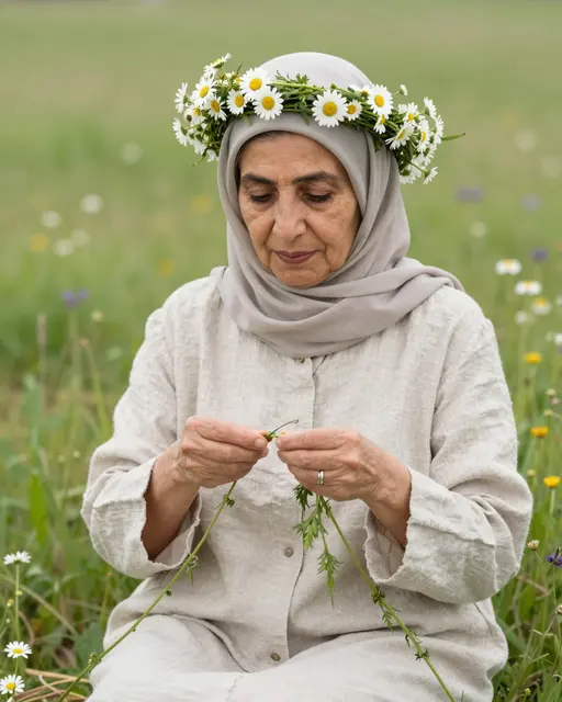 Older Middle Eastern woman sits in a summer meadow weaving a crown of wild daisies