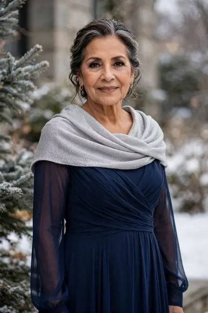 Smiling Latina woman in her sixties wears a navy chiffon gown and silver shawl outdoors in a snowy winter setting.