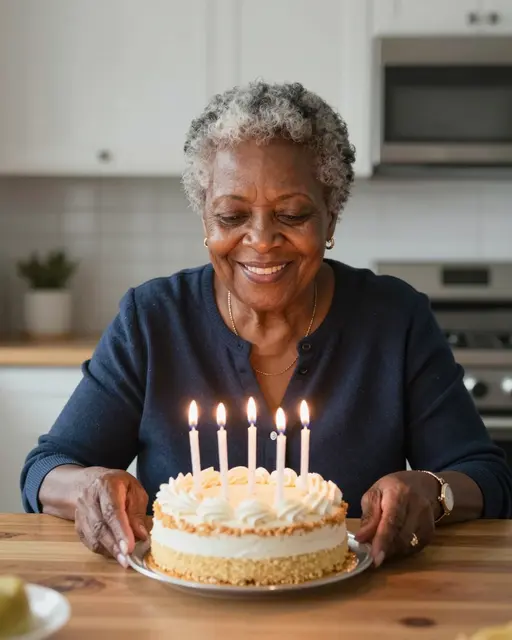Smiling elderly Black woman looks down at a lit birthday cake on a wooden kitchen table