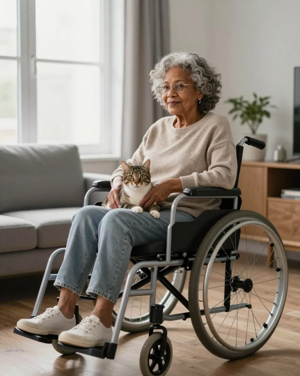 Mixed-race senior woman in a wheelchair sits by a window with a tabby cat resting on her lap in a bright living room.
