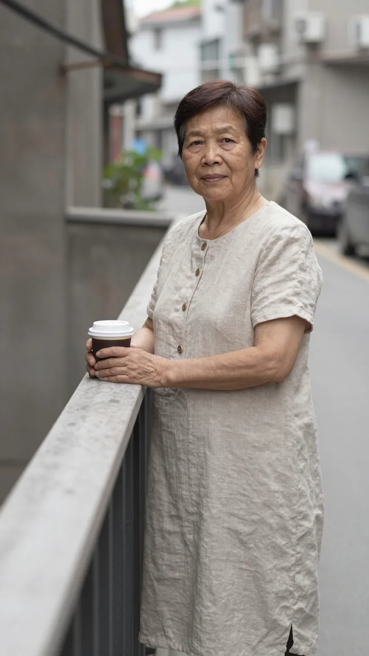 Older East Asian woman in a linen dress holds a coffee cup while standing on a narrow balcony above a quiet residential lane.