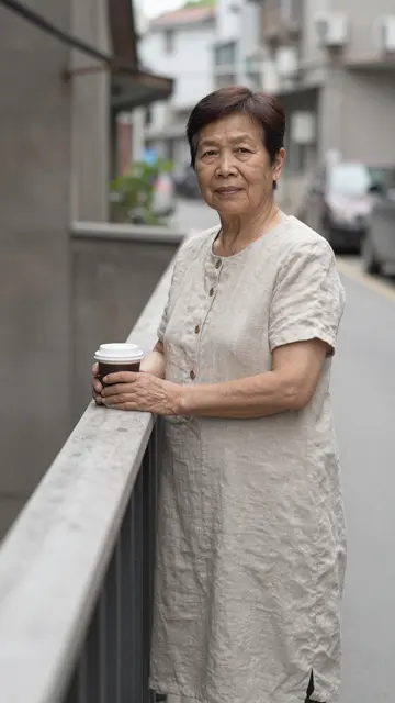 Older East Asian woman in a linen dress holds a coffee cup while standing on a narrow balcony above a quiet residential lane.