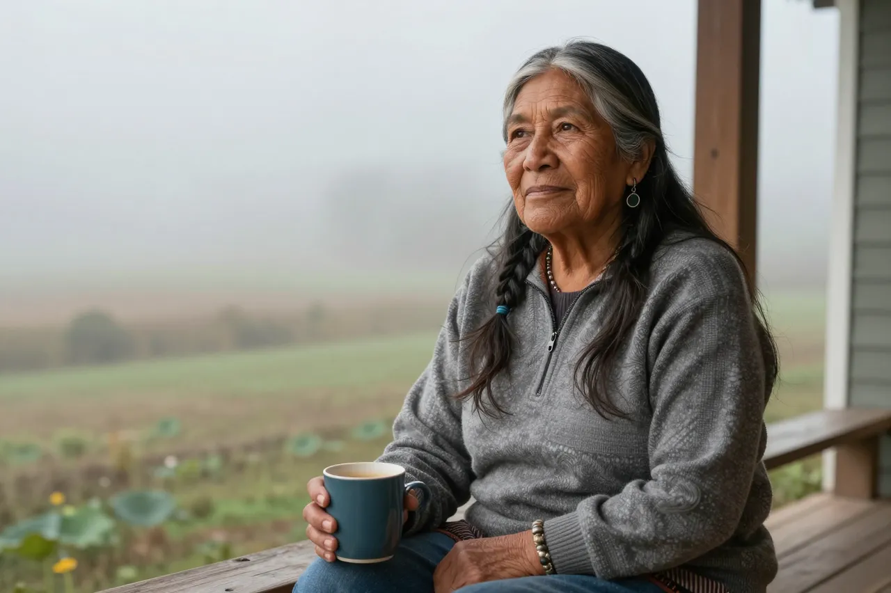 Indigenous woman in her sixties sits on a wooden porch holding a coffee mug overlooking misty morning fields