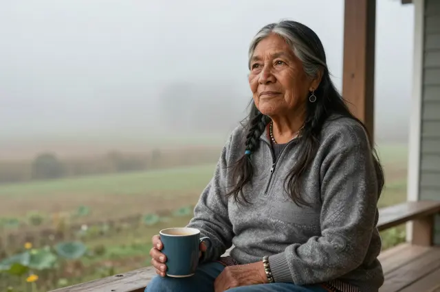 Indigenous woman in her sixties sits on a wooden porch holding a coffee mug overlooking misty morning fields